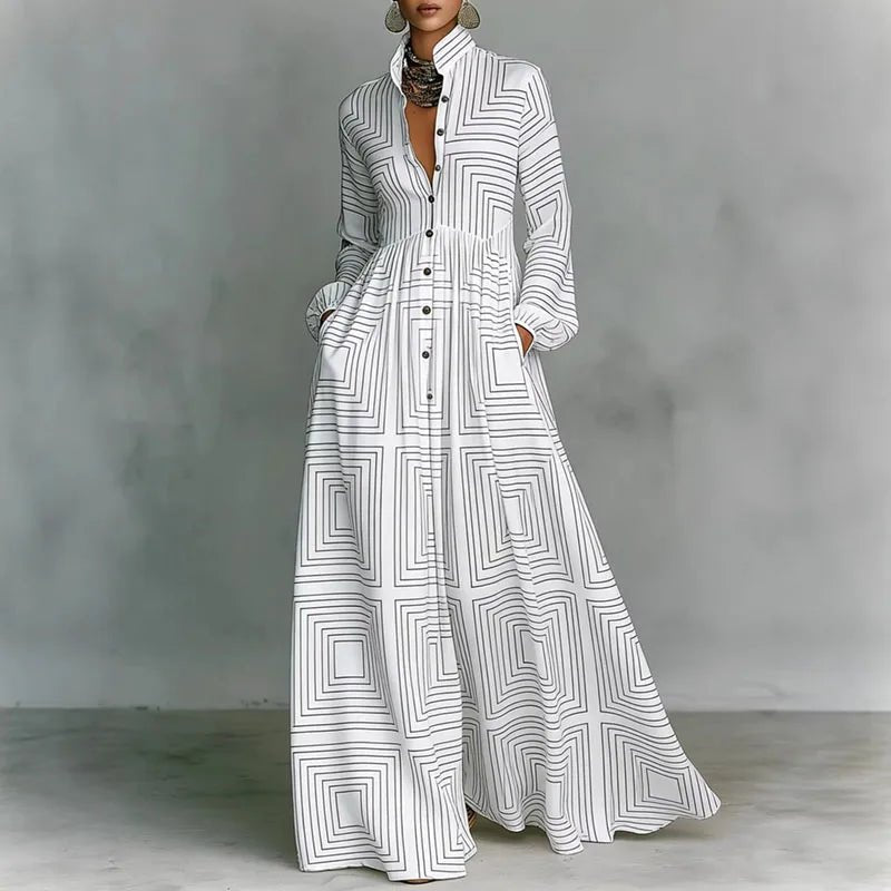 Women's High-Waist Geometric Print Button-Front Maxi Dress - White