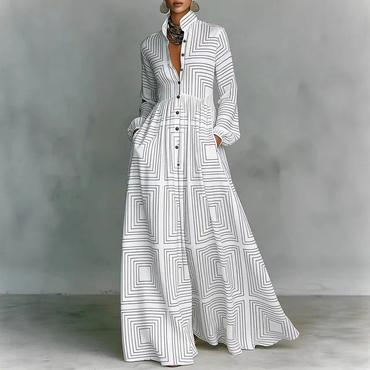 Women's High-Waist Geometric Print Button-Front Maxi Dress - White