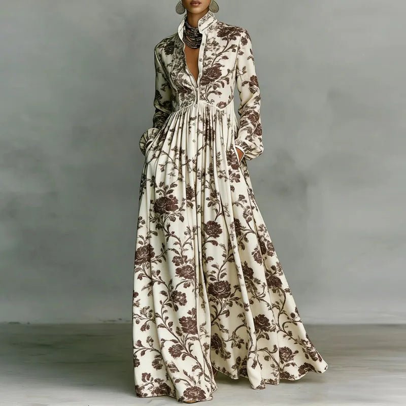Women's High-Waist Geometric Print Button-Front Maxi Dress - Brown