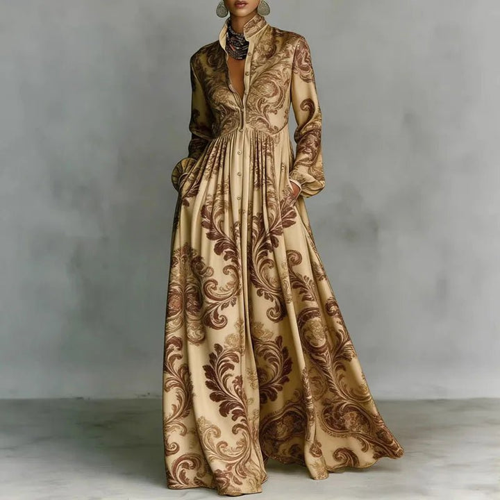 Women's High-Waist Geometric Print Button-Front Maxi Dress - Khaki