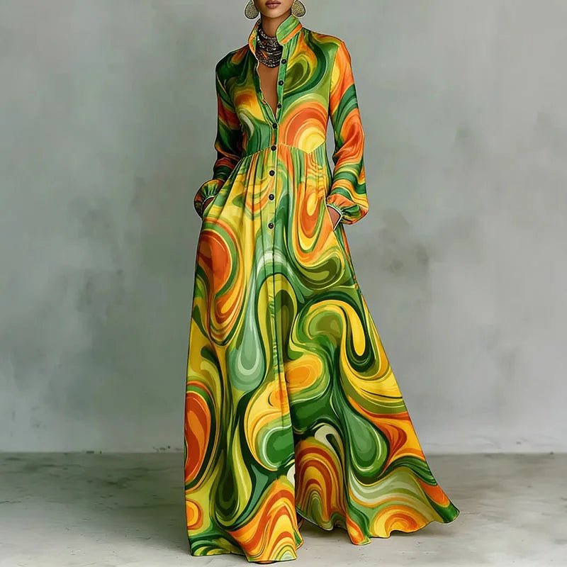 Women's High-Waist Geometric Print Button-Front Maxi Dress - Green