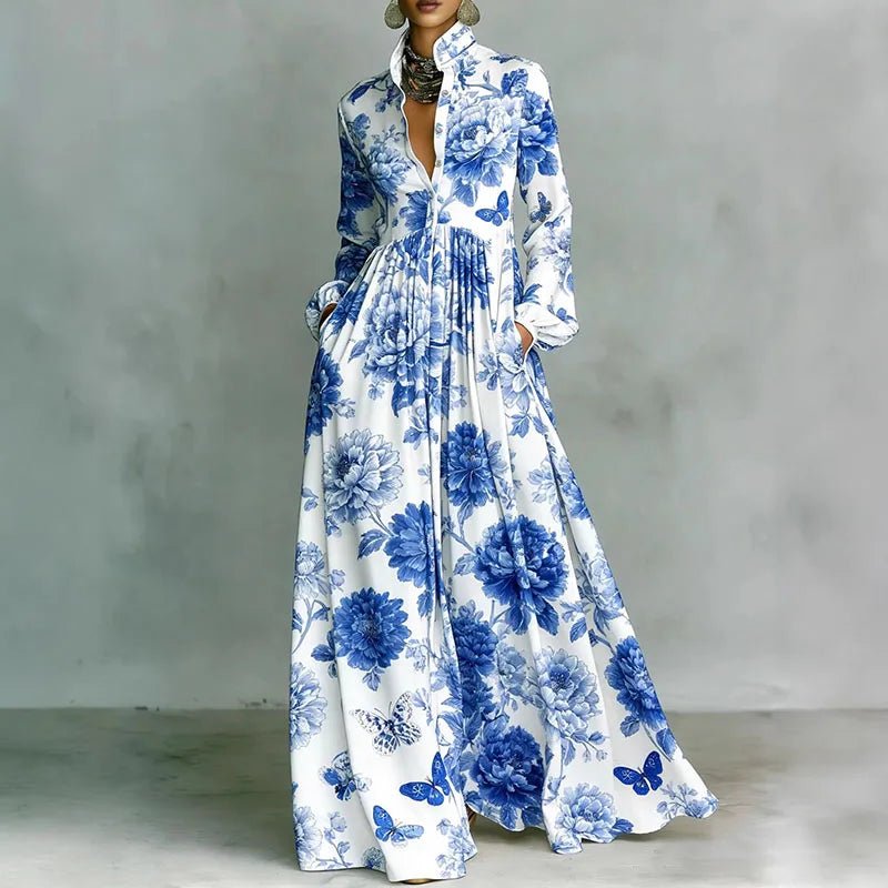 Women's High-Waist Geometric Print Button-Front Maxi Dress - Blue
