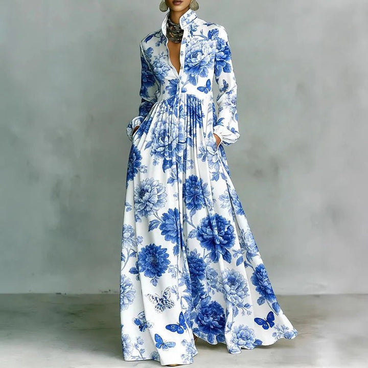 Women's High-Waist Geometric Print Button-Front Maxi Dress - Blue