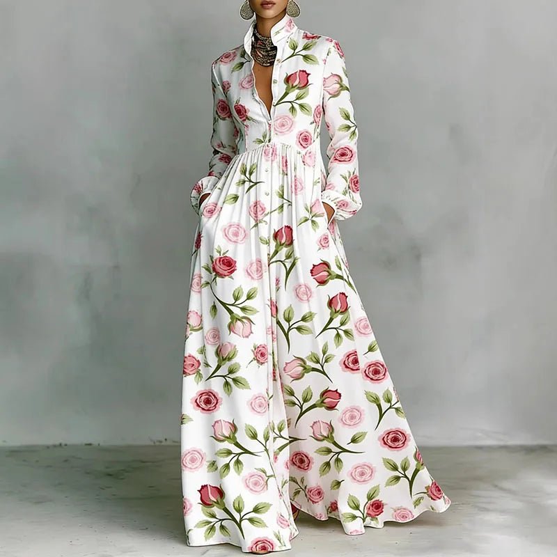 Women's High-Waist Geometric Print Button-Front Maxi Dress - Rose Print