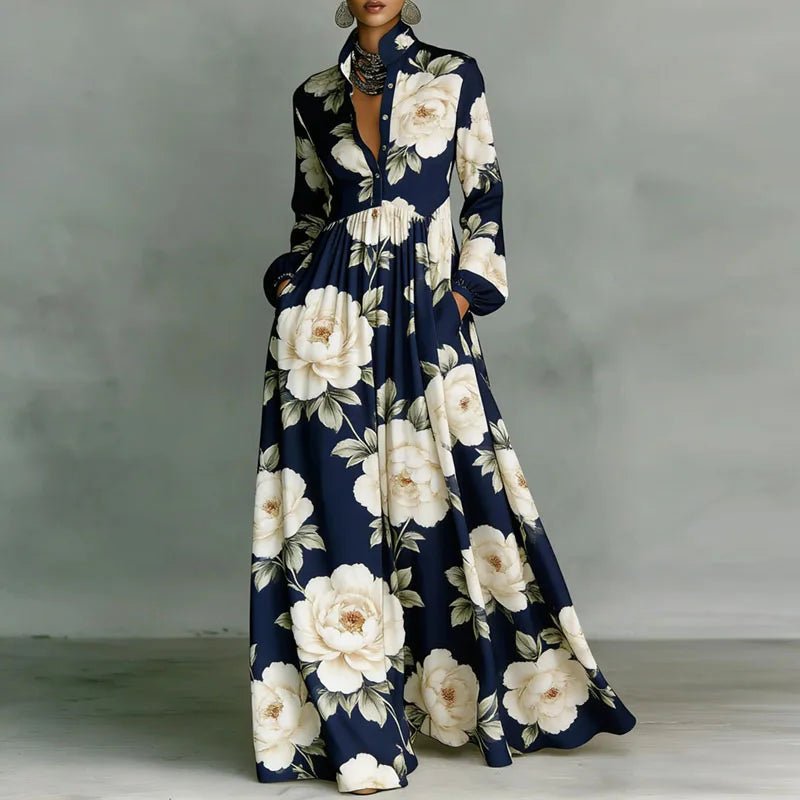 Women's High-Waist Geometric Print Button-Front Maxi Dress - Navy Blue