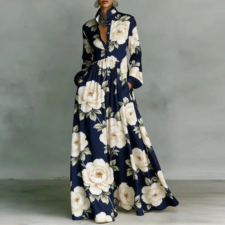 Women's High-Waist Geometric Print Button-Front Maxi Dress - Navy Blue