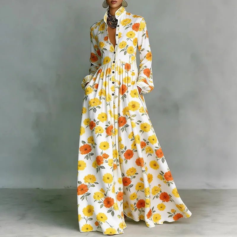 Women's High-Waist Geometric Print Button-Front Maxi Dress - Yellow