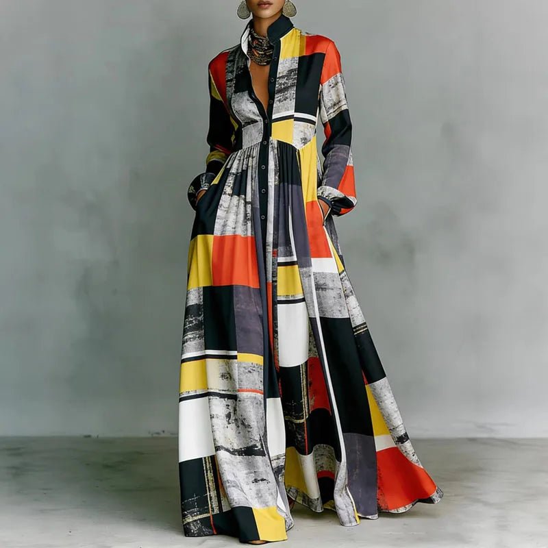 Women's High-Waist Geometric Print Button-Front Maxi Dress - Red
