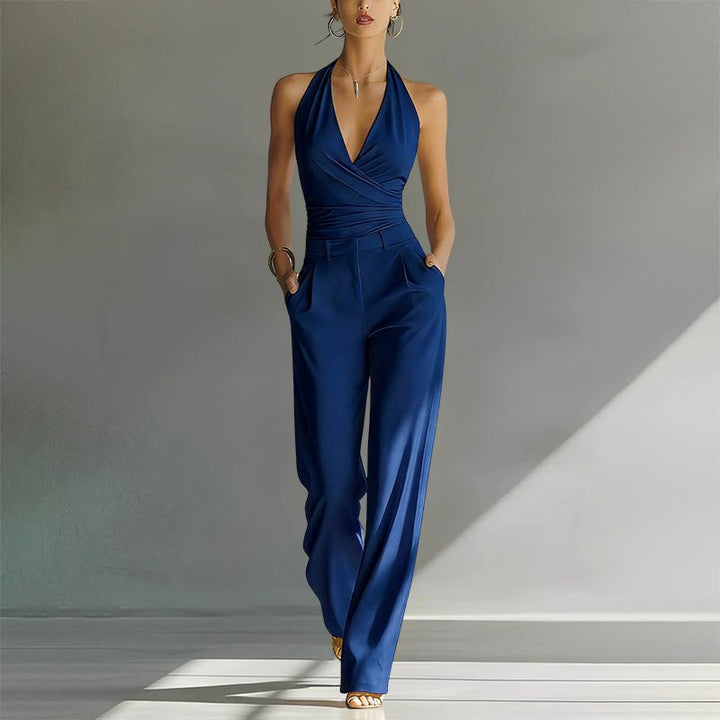 Women's High-Waist Halter Wide-Leg Chiffon Jumpsuit - Blue