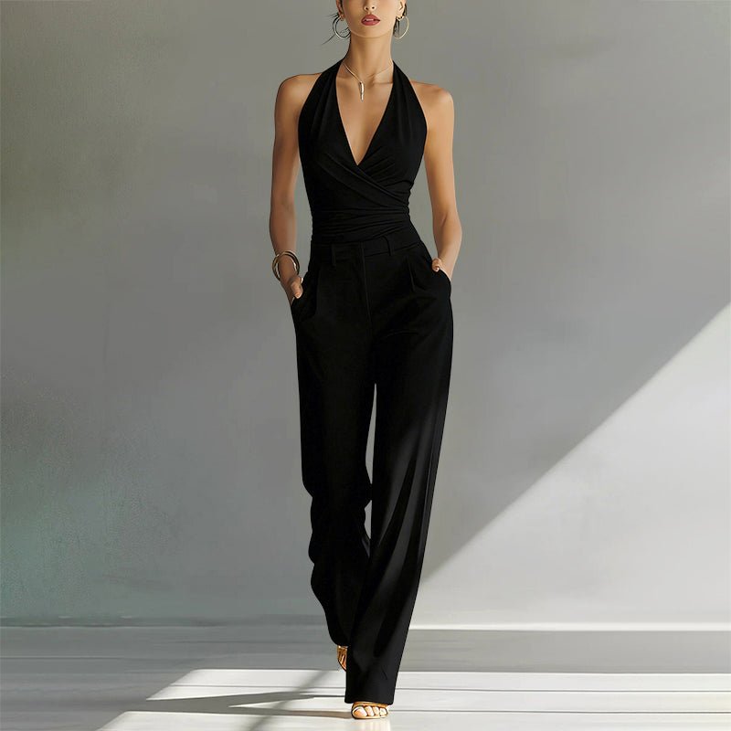 Women's High-Waist Halter Wide-Leg Chiffon Jumpsuit - Black