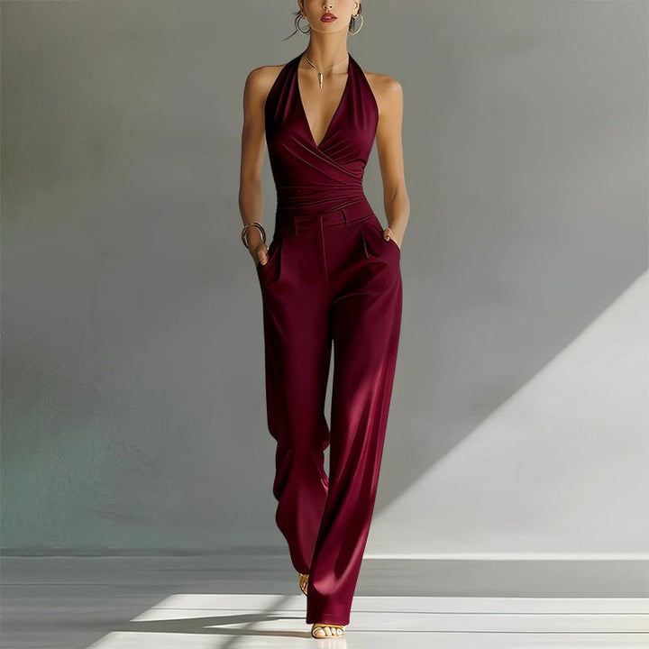 Women's High-Waist Halter Wide-Leg Chiffon Jumpsuit - Red