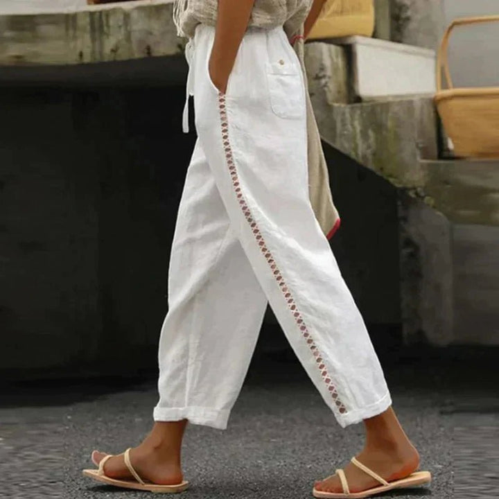 Women's High-Waist Linen Tapered Button-Stripe Pants - White