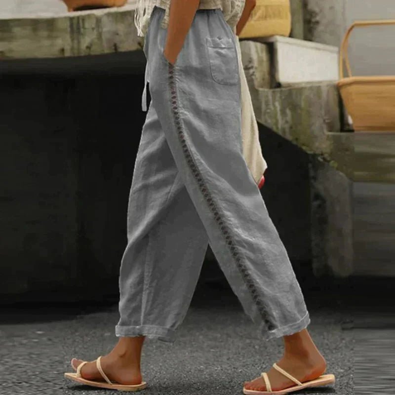 Women's High-Waist Linen Tapered Button-Stripe Pants - Gray