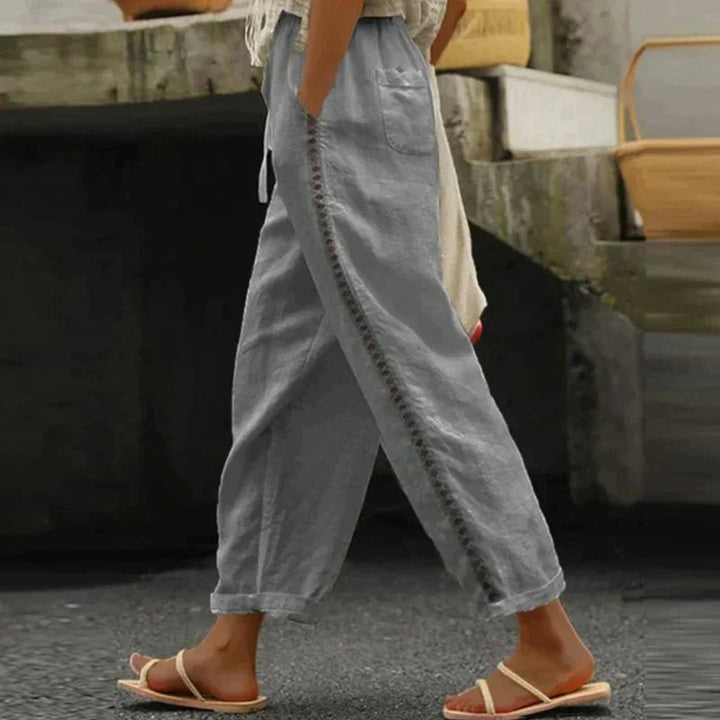 Women's High-Waist Linen Tapered Button-Stripe Pants - Gray