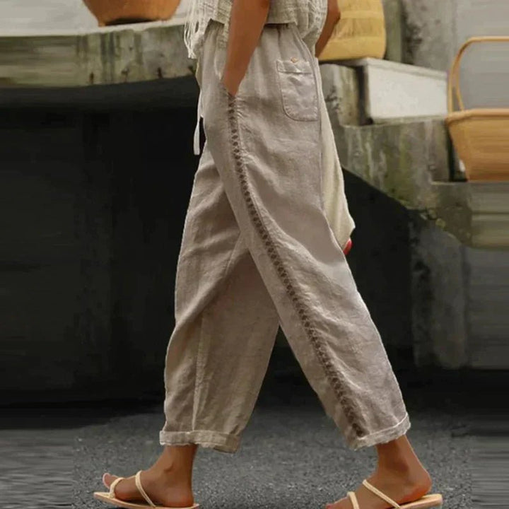 Women's High-Waist Linen Tapered Button-Stripe Pants - Khaki