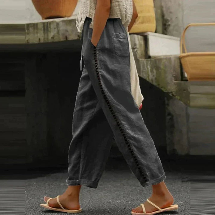 Women's High-Waist Linen Tapered Button-Stripe Pants - Black