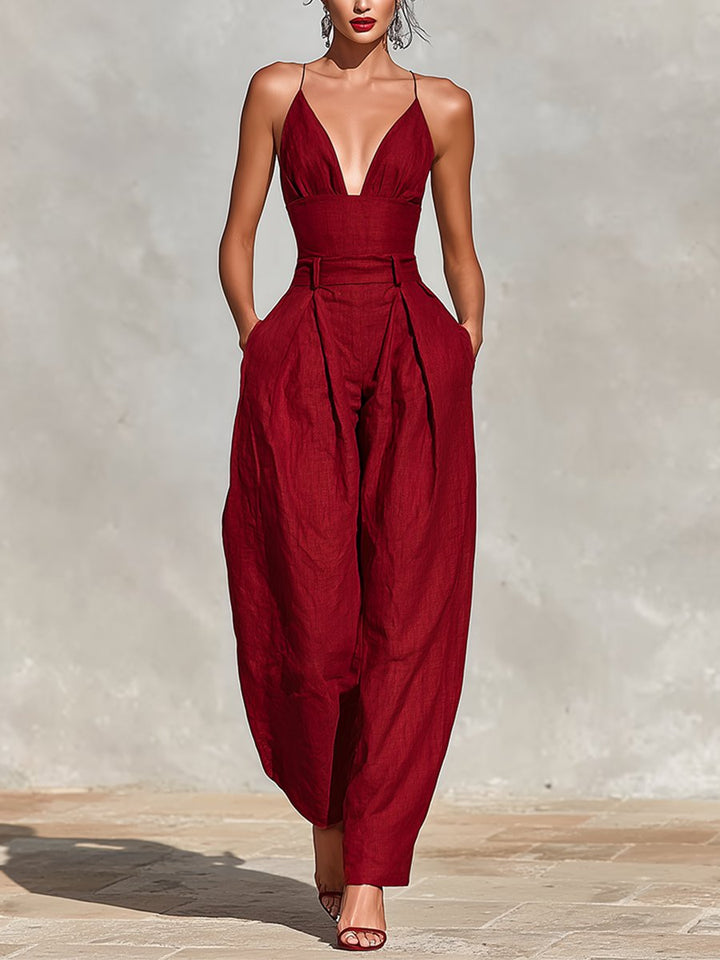 Women's High-Waist V-Neck Spaghetti Strap Wide-Leg Linen Jumpsuit - Red