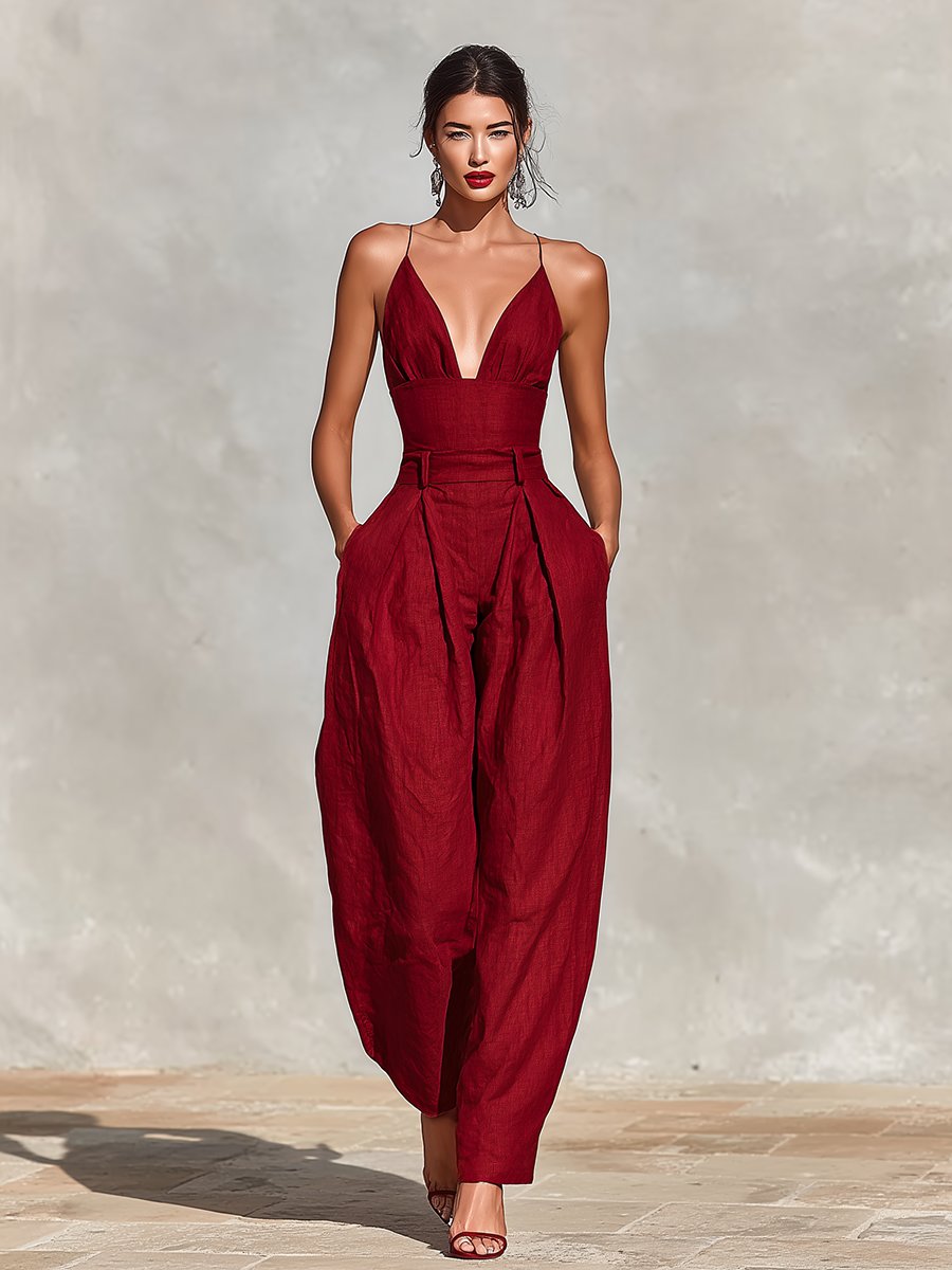 Women's High-Waist V-Neck Spaghetti Strap Wide-Leg Linen Jumpsuit