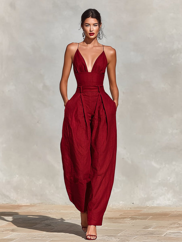 Women's High-Waist V-Neck Spaghetti Strap Wide-Leg Linen Jumpsuit