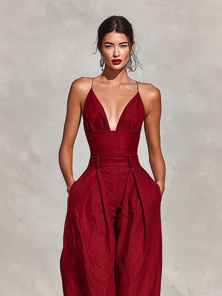 Women's High-Waist V-Neck Spaghetti Strap Wide-Leg Linen Jumpsuit
