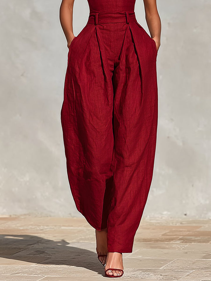 Women's High-Waist V-Neck Spaghetti Strap Wide-Leg Linen Jumpsuit