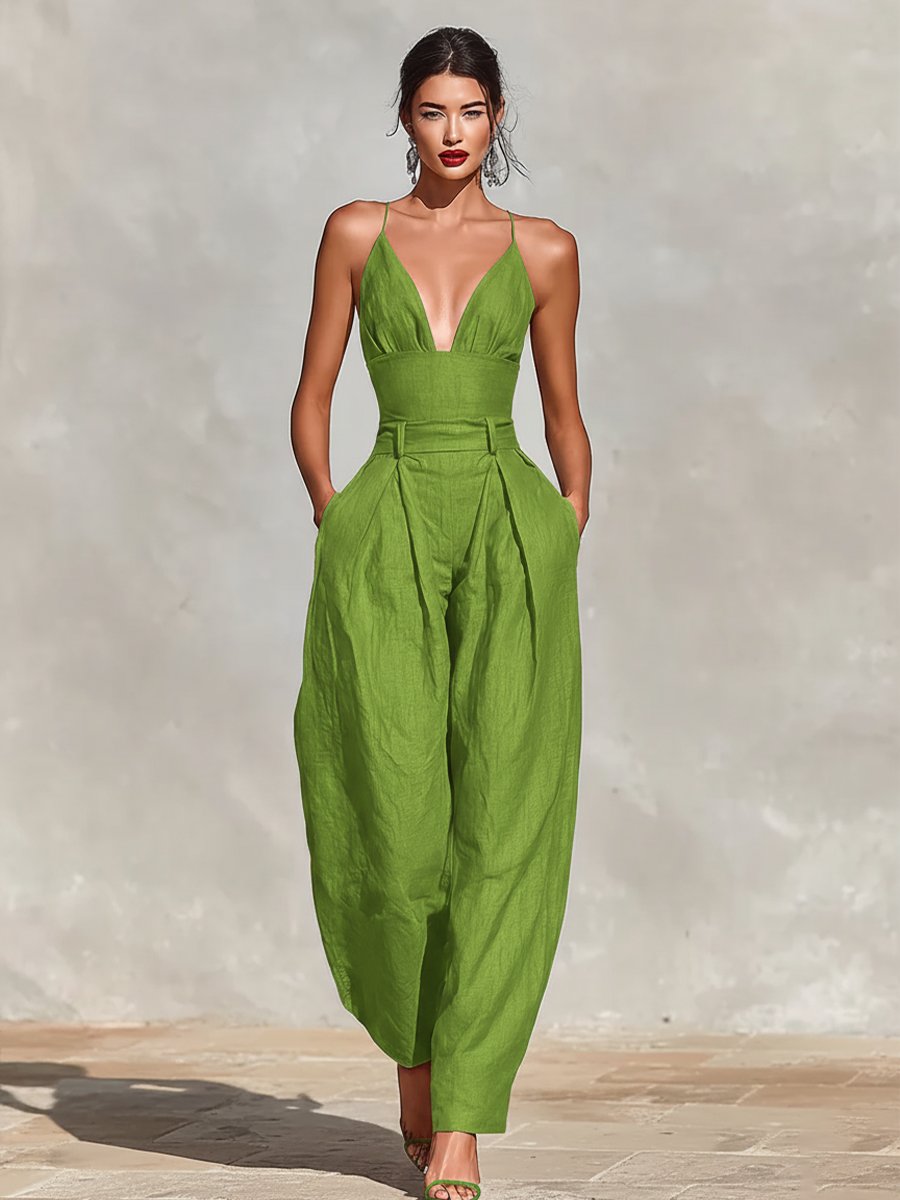 Women's High-Waist V-Neck Spaghetti Strap Wide-Leg Linen Jumpsuit - Green