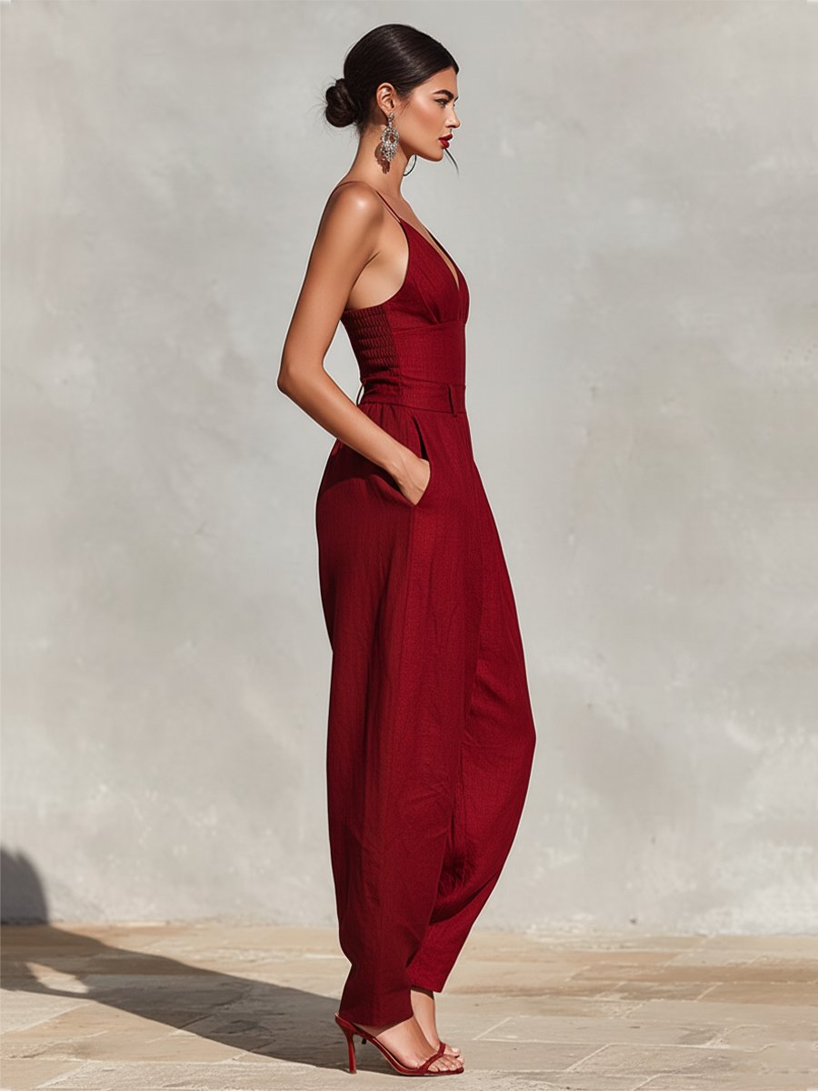 Women's High-Waist V-Neck Spaghetti Strap Wide-Leg Linen Jumpsuit