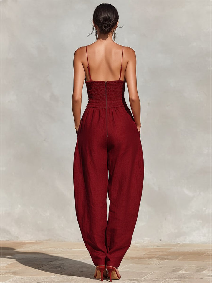 Women's High-Waist V-Neck Spaghetti Strap Wide-Leg Linen Jumpsuit