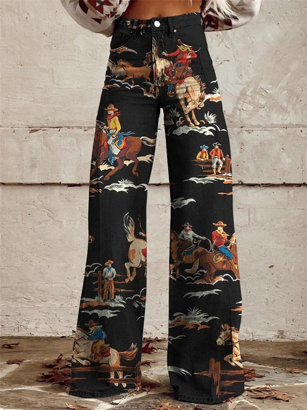 Women's High-Waist Western Print Wide-Leg Denim Pants - Black