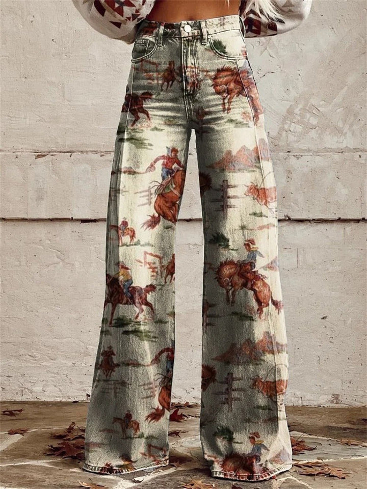 Women's High-Waist Western Print Wide-Leg Denim Pants - Beige