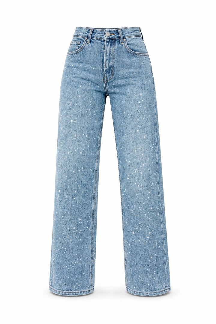 Women's High-Waist Wide-Leg Glitter Straight Denim Pants