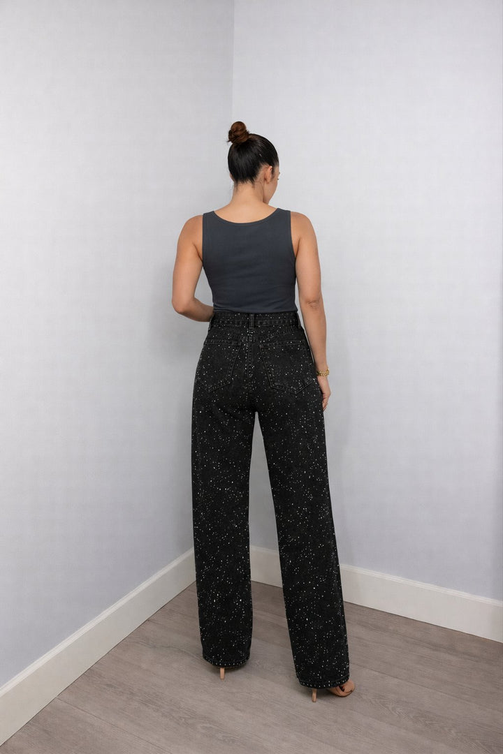 Women's High-Waist Wide-Leg Glitter Straight Denim Pants