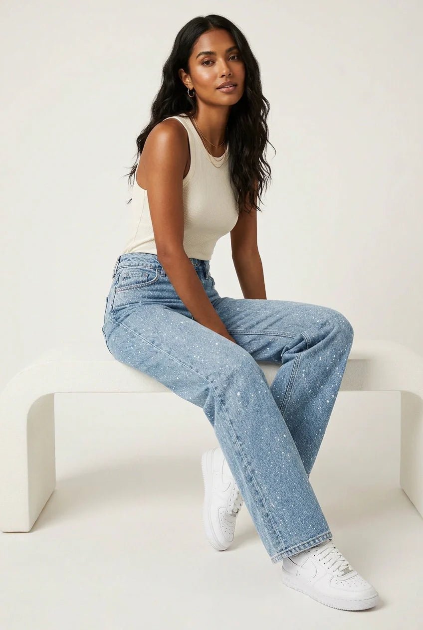 Women's High-Waist Wide-Leg Glitter Straight Denim Pants - Blau