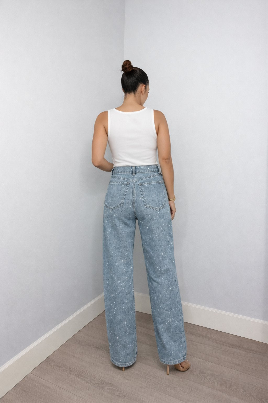 Women's High-Waist Wide-Leg Glitter Straight Denim Pants