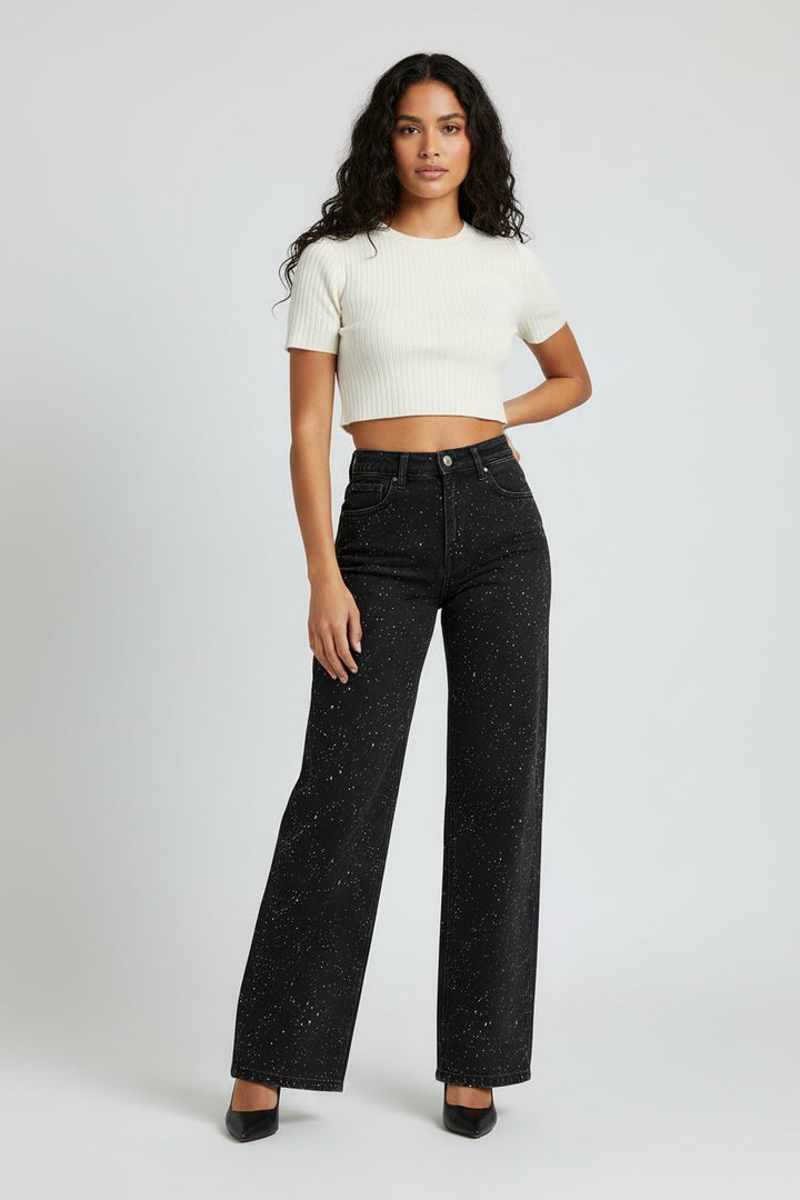 Women's High-Waist Wide-Leg Glitter Straight Denim Pants - Schwarz