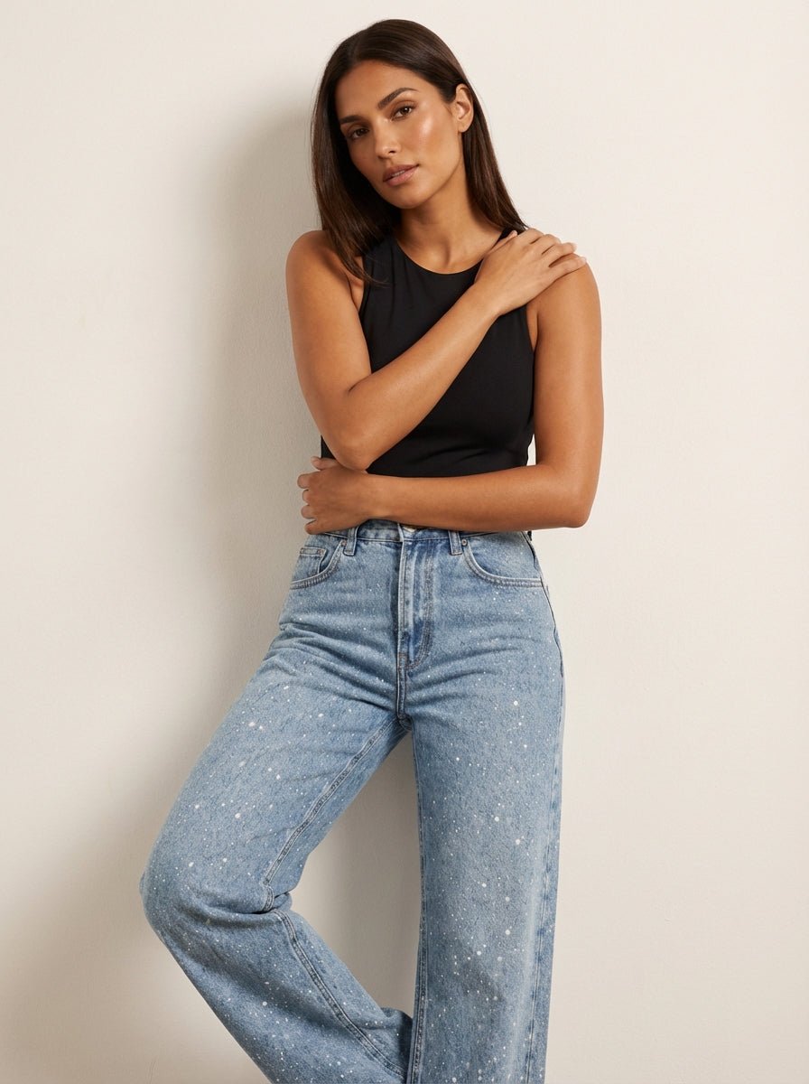 Women's High-Waist Wide-Leg Glitter Straight Denim Pants