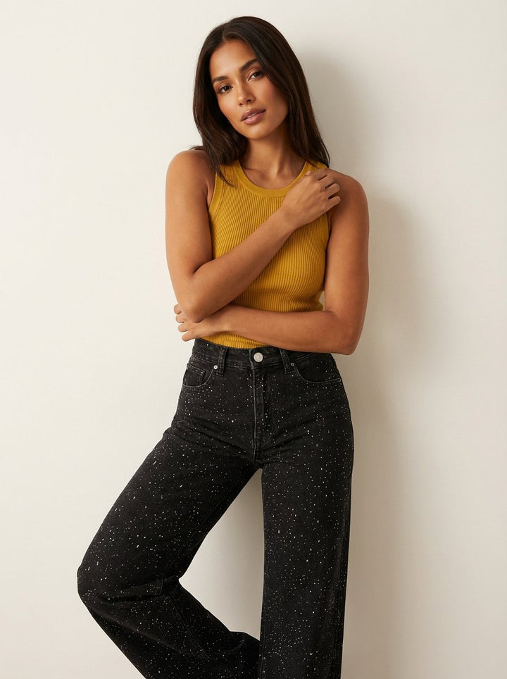 Women's High-Waist Wide-Leg Glitter Straight Denim Pants