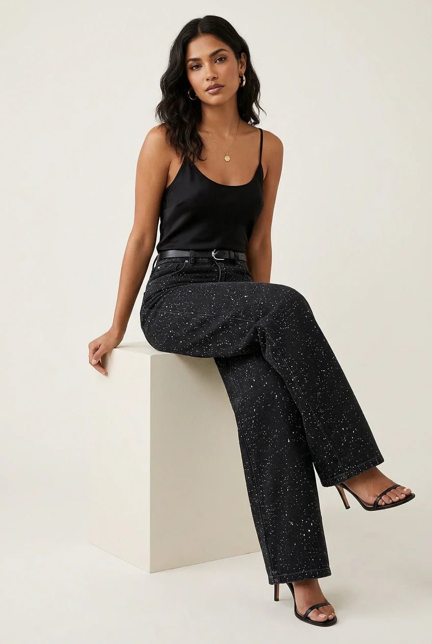 Women's High-Waist Wide-Leg Glitter Straight Denim Pants