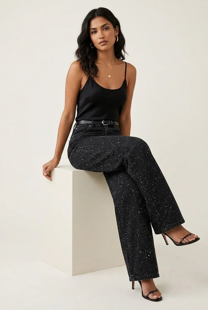 Women's High-Waist Wide-Leg Glitter Straight Denim Pants