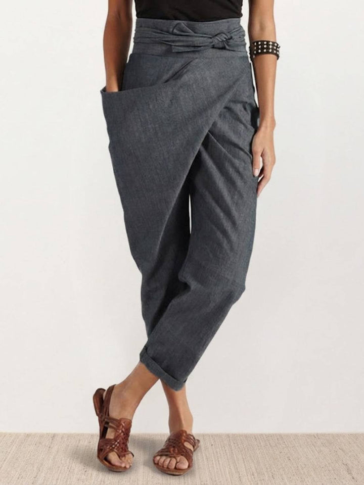 Women's High-Waist Wrap-Front Bow-Tie Cropped Tapered Pants - Gray
