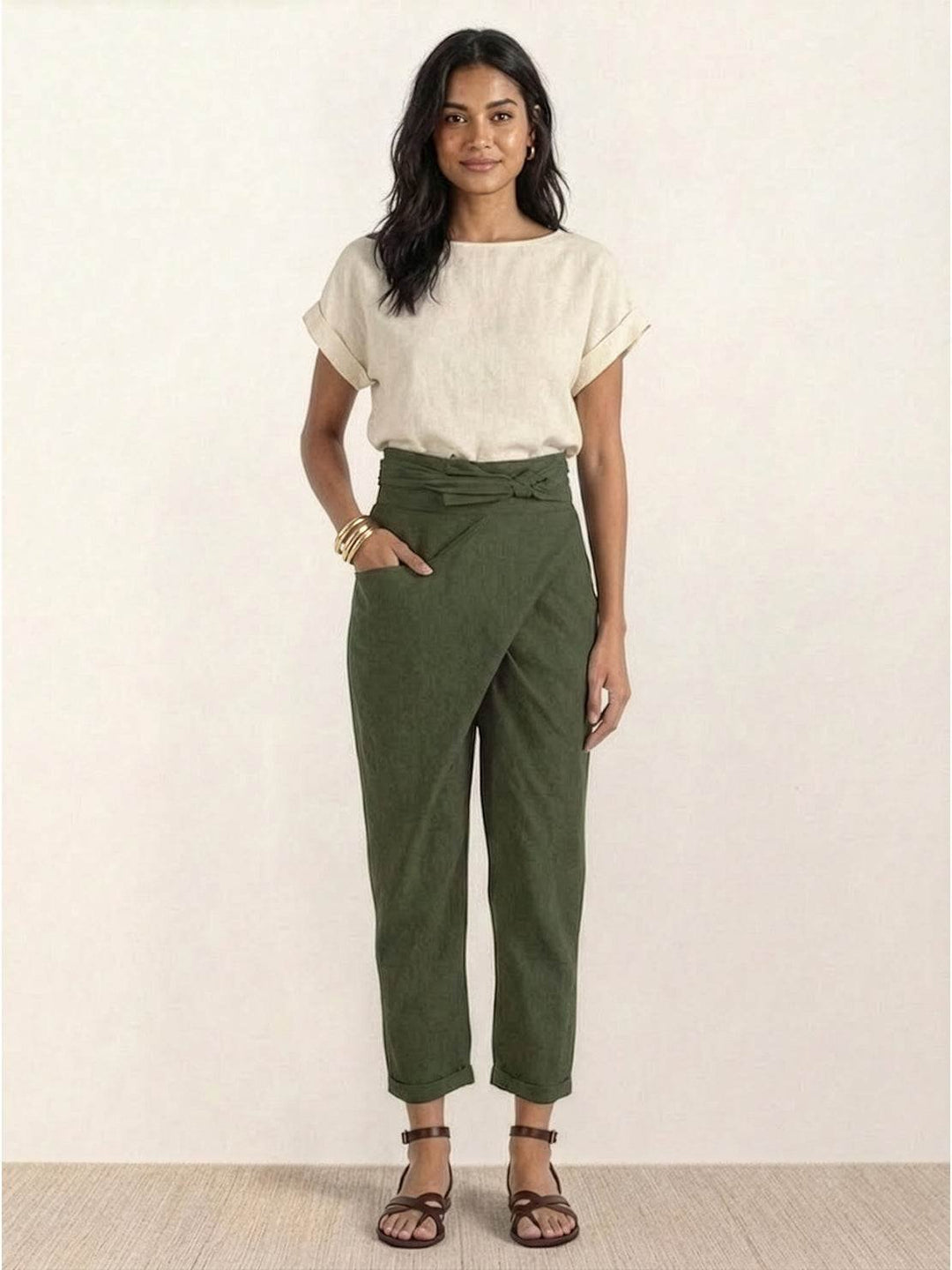 Women's High-Waist Wrap-Front Bow-Tie Cropped Tapered Pants