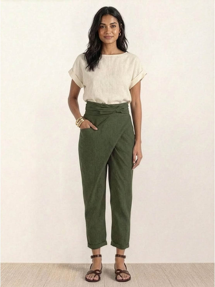 Women's High-Waist Wrap-Front Bow-Tie Cropped Tapered Pants
