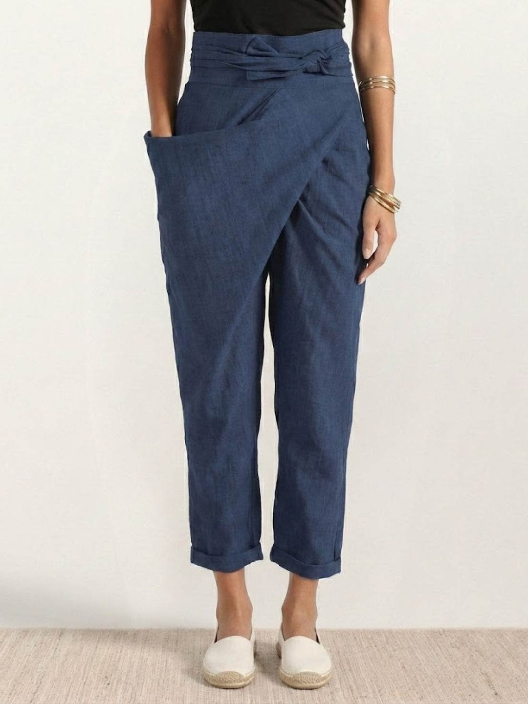 Women's High-Waist Wrap-Front Bow-Tie Cropped Tapered Pants - Navy Blue