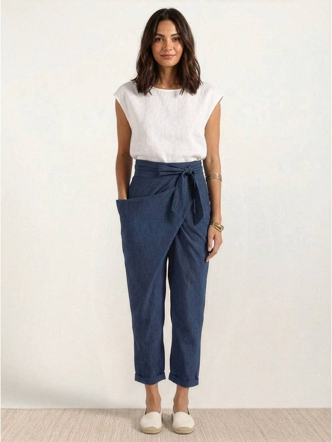 Women's High-Waist Wrap-Front Bow-Tie Cropped Tapered Pants