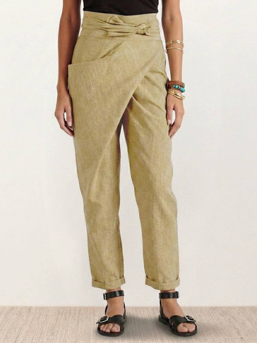 Women's High-Waist Wrap-Front Bow-Tie Cropped Tapered Pants - Khaki