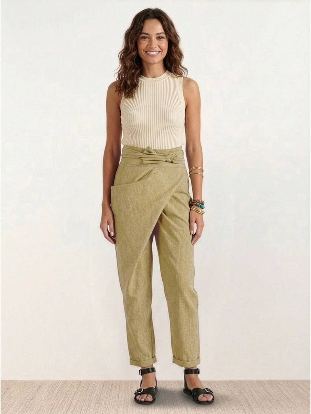 Women's High-Waist Wrap-Front Bow-Tie Cropped Tapered Pants