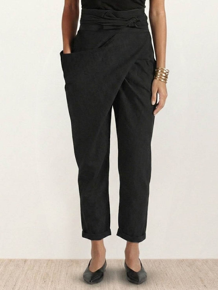 Women's High-Waist Wrap-Front Bow-Tie Cropped Tapered Pants - Black