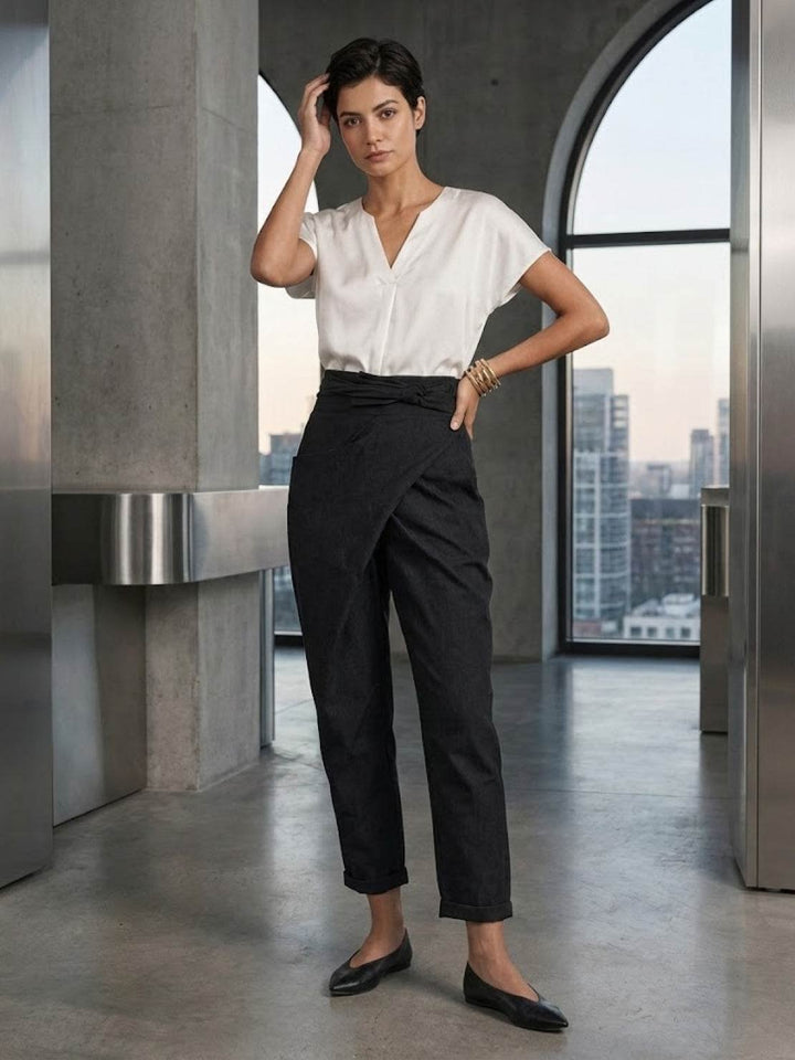 Women's High-Waist Wrap-Front Bow-Tie Cropped Tapered Pants