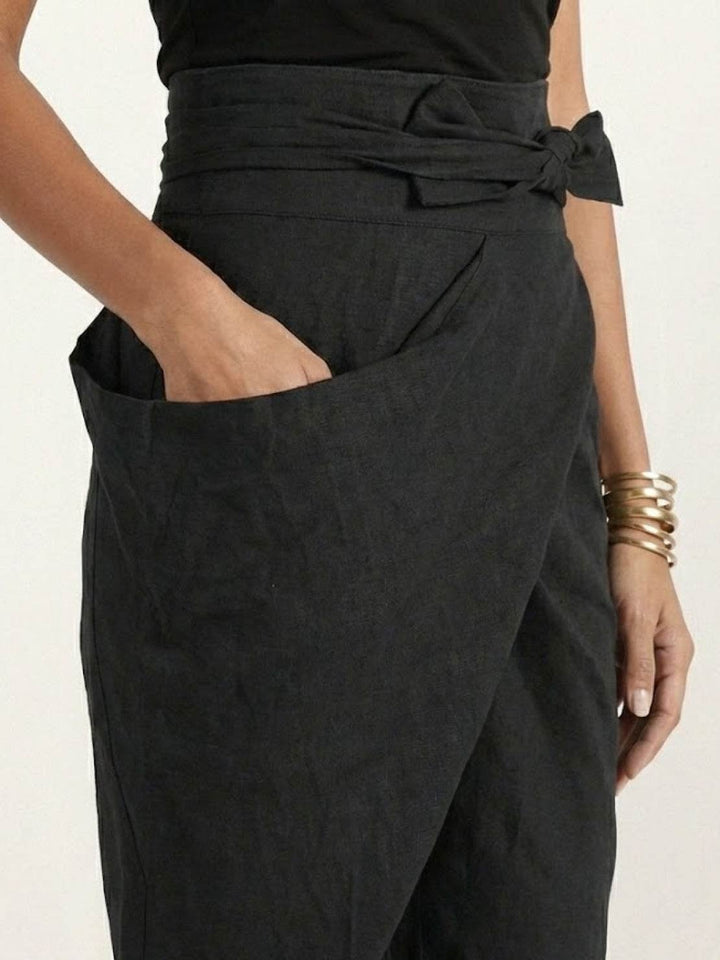 Women's High-Waist Wrap-Front Bow-Tie Cropped Tapered Pants