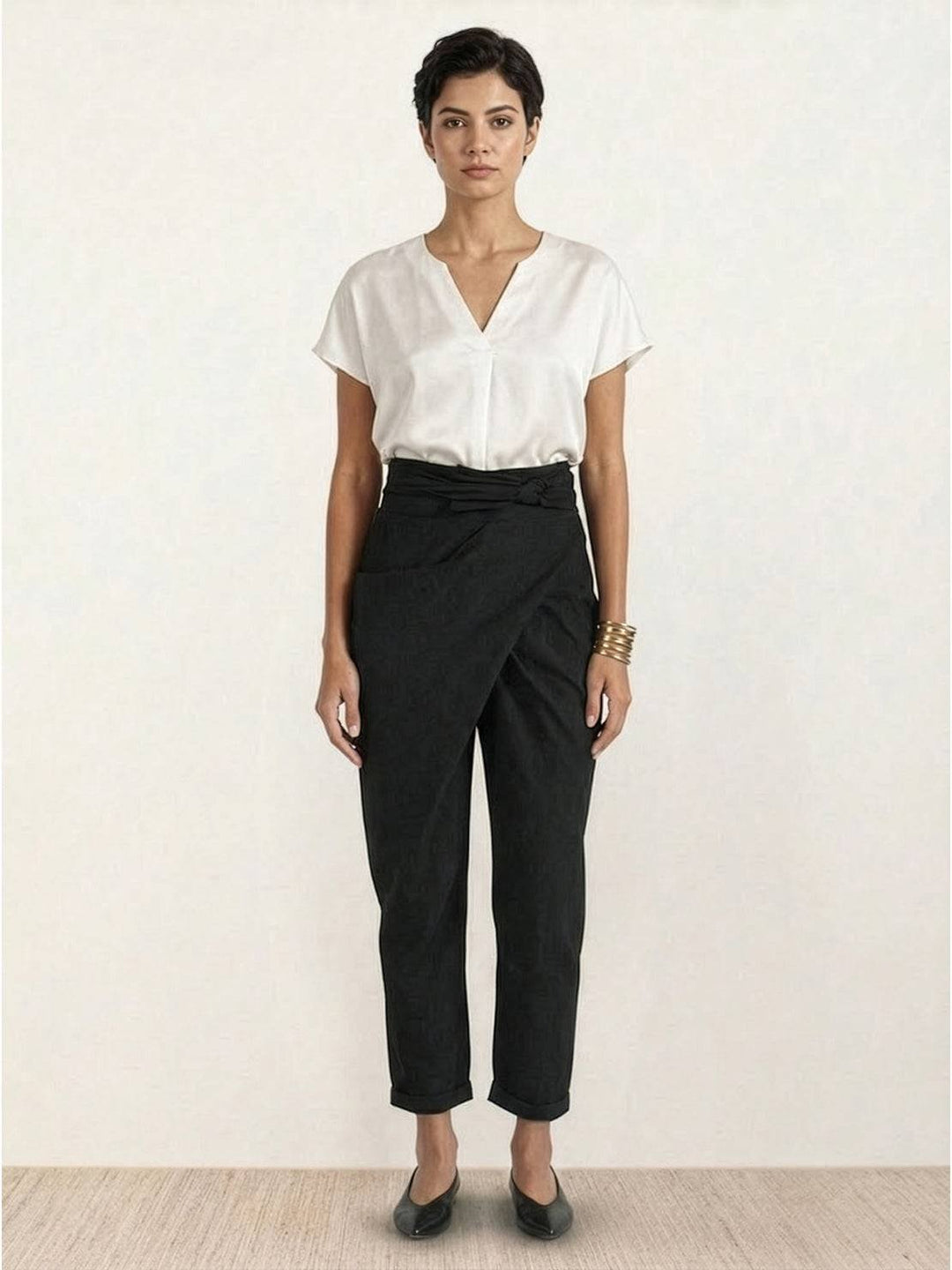 Women's High-Waist Wrap-Front Bow-Tie Cropped Tapered Pants